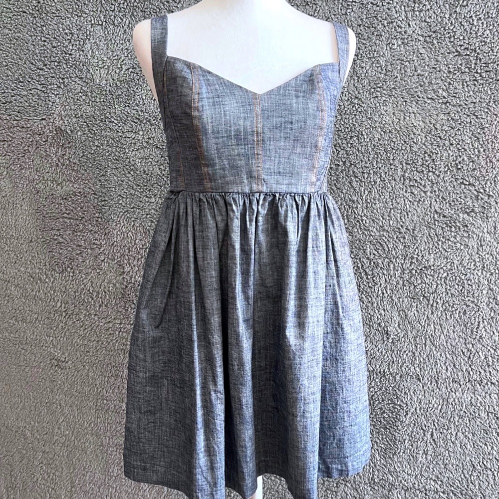 Ali Ro Chambray Denim Cotton Dress‎ Silk Lined Pockets Boned Empire Waist Sz 10